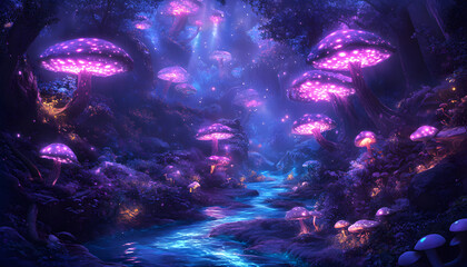 A mystical forest with glowing mushrooms, winding rivers, and floating islands, creating a magical and otherworldly feel