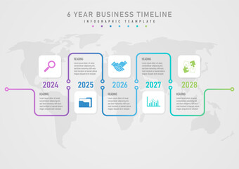 Wall Mural - 5 year business planning timeline infographic Gradient curves and circles middle year number The white square at the top has multi-colored icons. The space has text and below there is a map.
