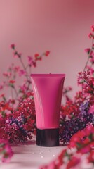 pink beauty product tube surrounded by pink flowers on a white surface