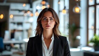 Wall Mural - Focused businesswoman engaging in serious discussion in bright, modern office environment