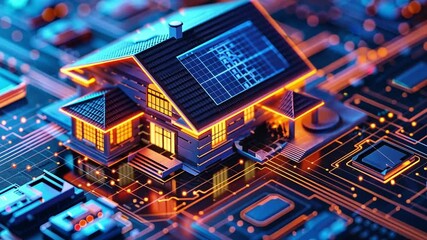 Leinwandbilder - A detailed house model features solar panels and glowing elements, set against a backdrop of intricate circuit patterns, creating a unique tech-inspired atmosphere.