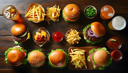 Wall Mural - A vibrant tabletop spread showcasing an irresistible burger feast with fries, drinks, and a variety of condiments awaiting enjoyment.