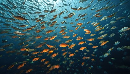 Vibrant underwater spectacle of a synchronized school of fish embodying the beauty of marine life