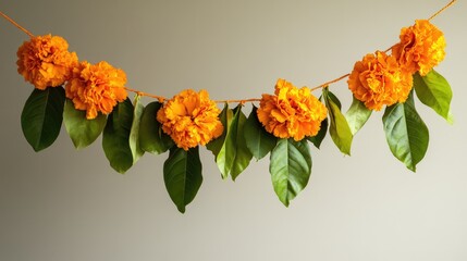 A decorative toran with marigold flowers and mango leaves, hanging beautifully against a plain surface for Diwali.