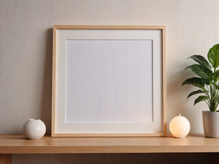 White frame resting on wooden shelf in modern room