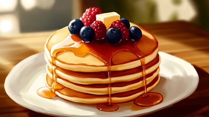 Indulge in the sight of fluffy pancakes stacked high, drizzled with golden maple syrup, and topped with fresh berries and a pat of melting butter 