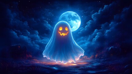 Cartoon 3D vector of a ghost in a dark Halloween night, with a bright full moon lighting the background, ideal for an invitation template.