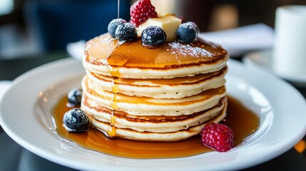 Indulge in the sight of fluffy pancakes stacked high, drizzled with golden maple syrup, and topped with fresh berries and a pat of melting butter 