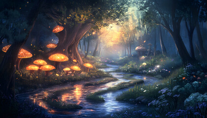 A mystical forest with glowing mushrooms, winding rivers, and floating islands, creating a magical and otherworldly feel