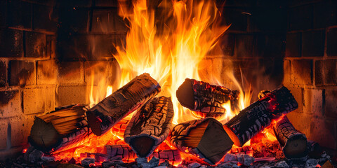 Fireplace with Burning Wood Logs