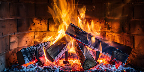 Fireplace with Burning Wood Logs