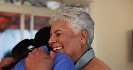 Wall Mural - Hugging, pride and nurse with senior woman in assisted living facility for good news celebration. Checkup, grateful and elderly female patient embracing caregiver for healthcare treatment success.