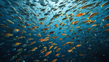 Vibrant underwater spectacle of a synchronized school of fish embodying the beauty of marine life