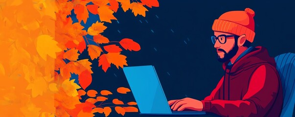 Animated scene of a person working on a laptop with autumn leaves in the background, wearing a winter hat and a hoodie.