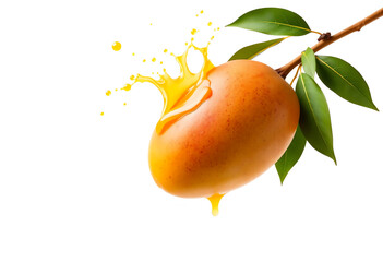 Wall Mural - Ripe mango with splashing juice on a white background