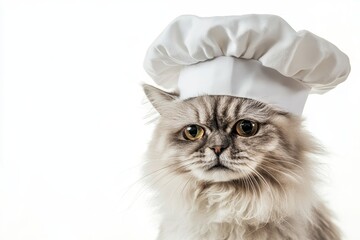 A charming Persian cat, wearing a white chef hat, stares intensely at the camera,  evoking a sense of culinary curiosity,  adorable pet,  funny animal,  culinary humor,  cat chef.