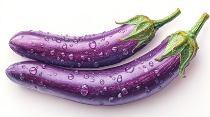 Wall Mural - Two shiny purple eggplants with water droplets on a white background.