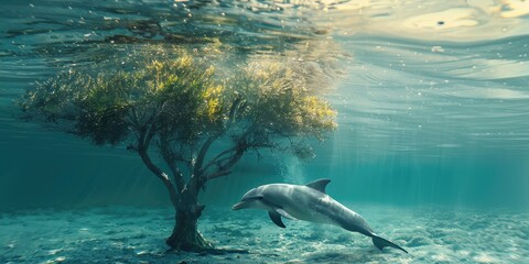 Wall Mural - Dolphin swimming close to a tree in the water