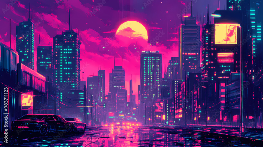 Cyberpunk neon city night. futuristic city scene in a style of pixel ...
