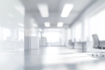 Wall Mural - Minimalist office interior with blurred light and shadow, white tones, and bokeh effect, capturing a modern, bright, and abstract space with no visible people or equipment in focus.