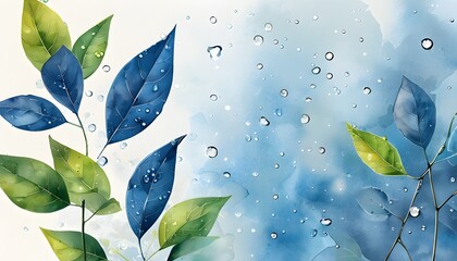 Serene abstract watercolor design featuring blue leaves and a delicate water drop, embodying nature and eco-friendly aesthetics