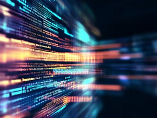 Fototapete - Abstract representation of software development with blurred computer code and screens, highlighting Python programming, AI-inspired visuals, and creativity in technology and data science.