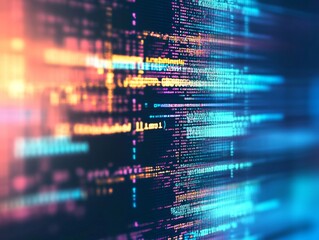 Fototapete - Abstract representation of software development with blurred computer code and screens, highlighting Python programming, AI-inspired visuals, and creativity in technology and data science.