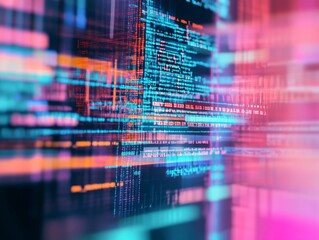 Fototapete - Abstract representation of software development with blurred computer code and screens, highlighting Python programming, AI-inspired visuals, and creativity in technology and data science.