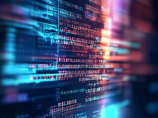 Fototapete - Abstract representation of software development with blurred computer code and screens, highlighting Python programming, AI-inspired visuals, and creativity in technology and data science.