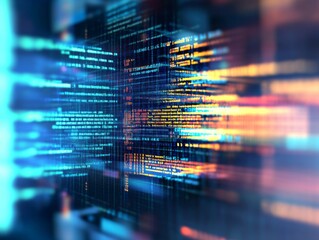 Abstract representation of software development with blurred computer code and screens, highlighting Python programming, AI-inspired visuals, and creativity in technology and data science.