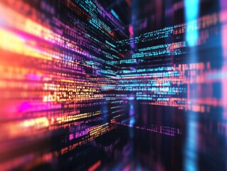 Fototapete - Abstract representation of software development with blurred computer code and screens, highlighting Python programming, AI-inspired visuals, and creativity in technology and data science.