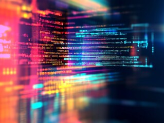 Fototapete - Abstract representation of software development with blurred computer code and screens, highlighting Python programming, AI-inspired visuals, and creativity in technology and data science.