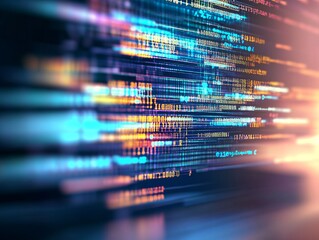 Fototapete - Abstract representation of software development with blurred computer code and screens, highlighting Python programming, AI-inspired visuals, and creativity in technology and data science.