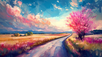 Poster - Digital oil painting of empty road in colorful blooming rural landscape, impressionism, beautiful artistic image for summer, nature, spring concepts. generative ai. Impressionism. Illustration