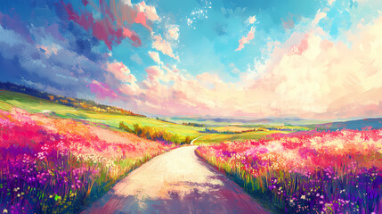 Wall Mural - Digital oil painting of empty road in colorful blooming rural landscape, impressionism, beautiful artistic image for summer, nature, spring concepts. generative ai. Impressionism. Illustration