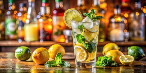 refreshing fruit cocktail with ice, lemon, and mint in a vibrant bar setting with soft drinks , nigh