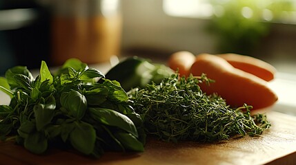 Fresh herbs, basil, thyme, carrots and zucchini on a wooden cutting board in a kitchen.