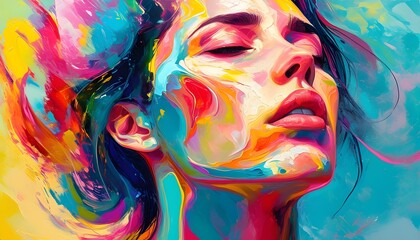 Wall Mural - Vivid Abstract Portrait of a Woman Expressing Emotions and Inner Thoughts Through Flowing Colors