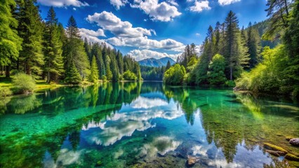 Wall Mural - Expansive view of crystal-clear lake surrounded by dense green trees in a serene natural setting, drone, aerial view