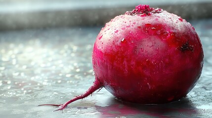 A close-up of a fresh, dew-covered radish on a reflective surface.