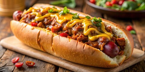 Wall Mural - Loaded chili cheese hot dog with spicy toppings in a casual diner setting, chili, cheese, hot dog, spicy, toppings