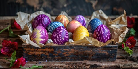 Wall Mural - Naturally dyed eggs using ingredients like cabbage, onion skins, and hibiscus tea, arranged on a vintage wooden tray with wrapping paper.