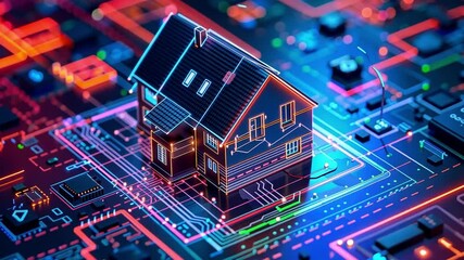 Leinwandbilder - A house model is displayed against a backdrop of bright circuitry, symbolizing the intersection of home design and modern technology. The scene emphasizes innovation and connectivity.