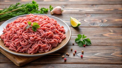 Plate of fresh minced meat on a table, fresh, minced meat, plate, table, raw, ground, beef, pork, lamb, poultry