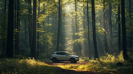 Wall Mural - White SUV Parked in a Sunlit Forest Clearing