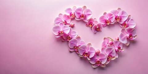 Delicate pink orchids arranged in heart shape on soft pink background, orchids, pink, heart shape, delicate, love, romance