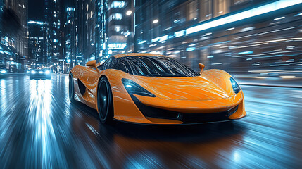 Futuristic orange supercar driving on the street of night city, motion blur