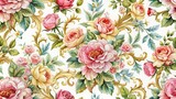 Watercolor rococo rose floral seamless pattern, watercolor, rococo, rose, floral, seamless, pattern, delicate, elegant