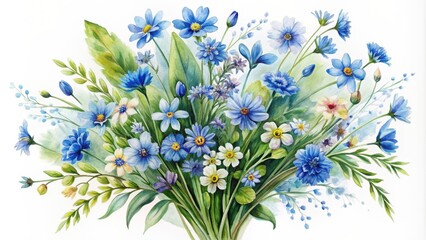 Watercolor bouquet of blue blooming wild flowers , watercolor, bouquet, blue, blooming, wild flowers, nature, garden