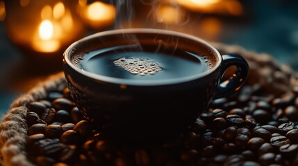 Celebrate International Coffee Day with an inviting close-up of a perfectly brewed cup of coffee surrounded by coffee beans and a warm, cozy setting